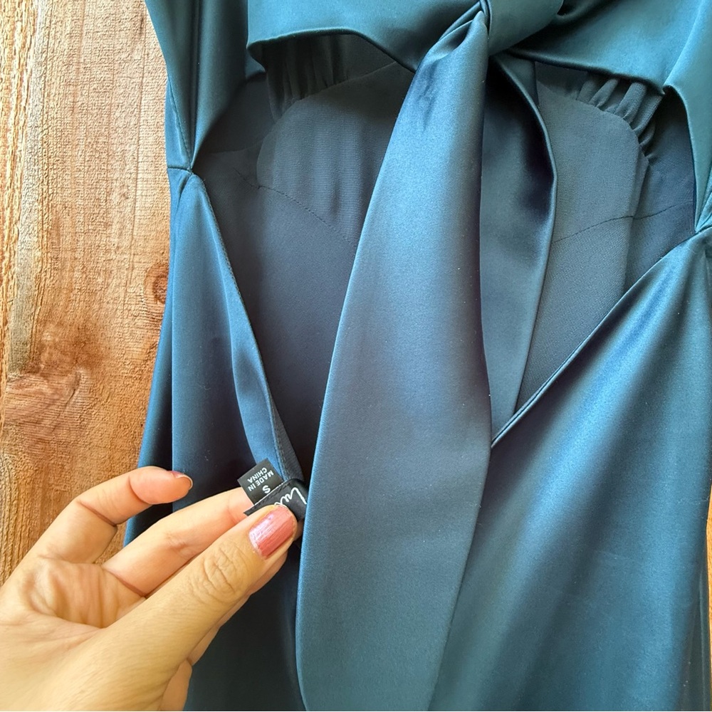 Peacock Teal Blue Satin Tie-Back Midi Slip Dress πΏ - Picture 9 of 10